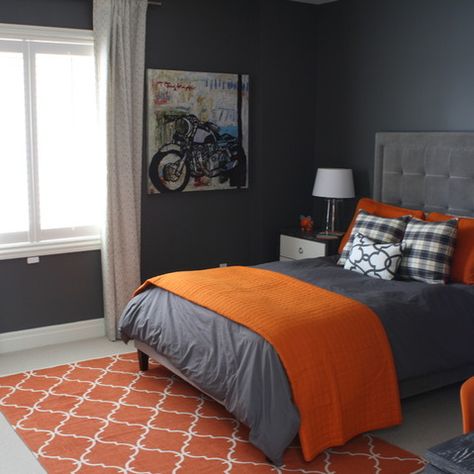 Various and Colorful Kid Room Design: Stylish Orange And Dark Gray Bedding To Cover Gray Painted Kids Rooms Idea With Calm White Detail Over... Cool Bedrooms For Boys, Minimalist Kids Room, Teenager Bedroom Boy, Colorful Kids Room, Kids Room Paint, Bedroom Orange, Kids Bedroom Designs, Bed Plans