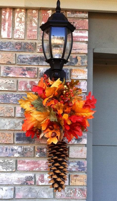 Fall Pinecone Porch Light Hanger. Thanksgiving Decorations Outdoor, Thanksgiving Decorations Diy, Fall Stuff, Porch Light, Pine Cone Decorations, Fall Garland, Fall Thanksgiving Decor, Cones Crafts, Fall Deco