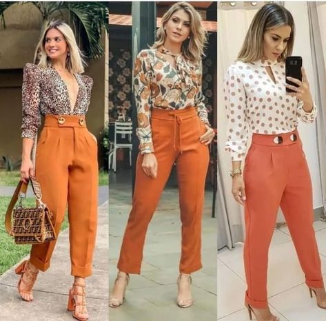 Orange Pants Outfit Work, Feminine Work Outfit, Orange Pants Outfit, Colored Pants Outfits, Pantalon Orange, Pant Outfits For Women, Pants Outfit Work, Dress Pants Outfits, Colour Combinations Fashion