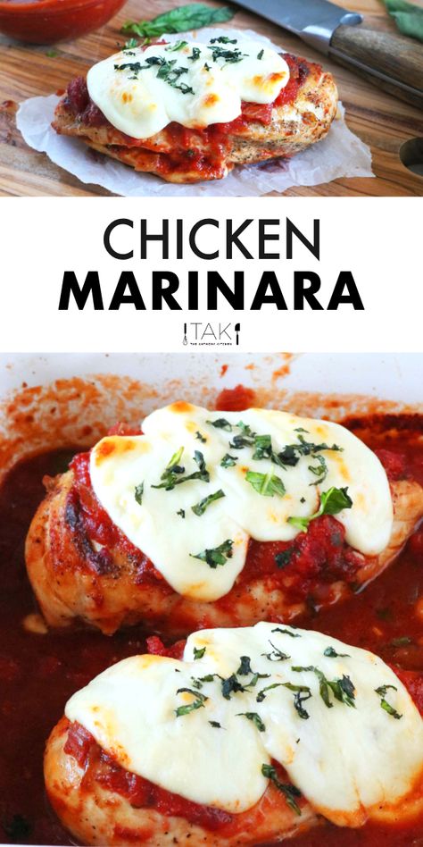 This Chicken Marinara Bake Recipe has all the flavor and requires half of the prep work of Chicken Parmesan! It features boneless chicken breasts, marinara sauce and melty mozzarella cheese baked in casserole form! Serve with a side of pasta and garlic bread for the perfect, family-friendly dinner! Chicken Marinara Bake, Baked Chicken Marinara, Pasta And Garlic Bread, Chicken Pasta Sauce, Different Chicken Recipes, Chicken Marinara, Marinara Recipe, Searing Meat, Cheese Baked