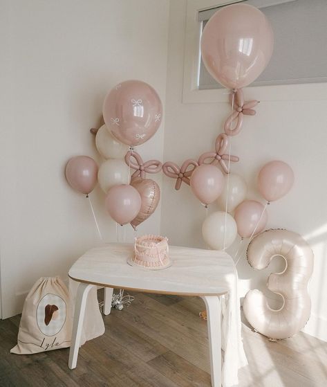 Ballerina Themed Birthday Party Ideas, Ribbon Themed Birthday Party, Pink Bow Balloons, Intimate 1st Birthday Party Ideas, Event Balloon Decor, Ballerina 3rd Birthday Party, Balloons On Staircase, Balloons With Bows, Pink And White Birthday Theme