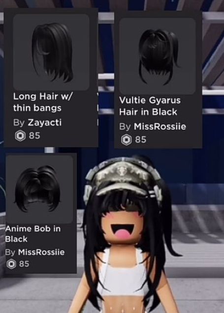 Y2k Roblox Hair Combos, Black Roblox Hair Combos, Black Hair Combos, Roblox Hair Ideas, Hair Combos Roblox Girl, Roblox Hair Combos, Outfit Ideas Emo, Cottage Core Outfit, Gyaru Hair