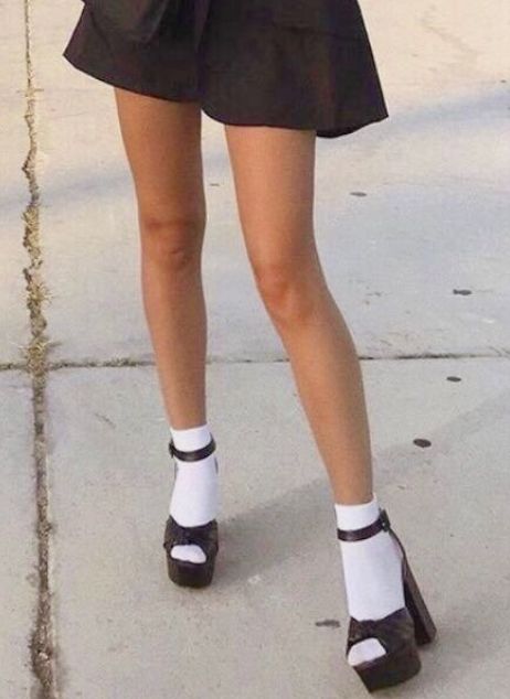 Open Toe Heels Outfit, Cute Black Heels, Heels And Socks, Bobby Socks, Black Open Toe Heels, Sock Outfits, Heels Outfits, Socks And Heels, Buckled Heels