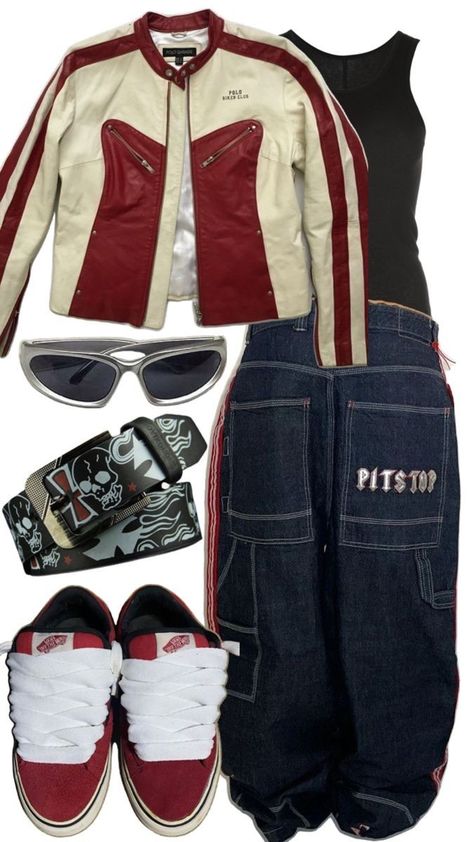 Baggy Pants Fit, Outfit Ideas Baggy, Red Biker Jacket, Baggy Outfit Ideas, Filmy Vintage, Outfits Stylish, Downtown Outfits, Diy Vetement, Pants Fit