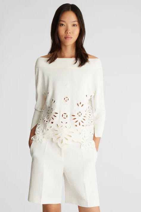 Boat-neck sweater with lace Boat Neck Sweater, Sweater With Lace, Boatneck Sweater, Ermanno Scervino, Vestido Casual, Tailored Suits, White Sweater, Knitwear Tops, Boat Neckline