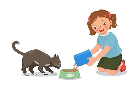 Vector cute little girl feeding her pet ... | Premium Vector #Freepik #vector #cute-cat #cat-eat #cat-cartoon #cute-cartoon Animal Eating, Diy Kid Activities, Kids Story, Animal Food, Food Cartoon, Cat Clipart, Food At Home, Feeding Kids, Cat Feeding