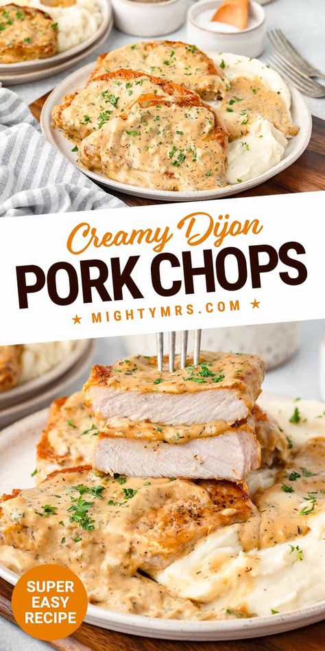 Moist, flavorful pork chops are pan-seared and topped with a rich and creamy Dijon sauce. A delicious main entry that pairs well with mashed potatoes and greens for a perfect little cozy family meal that's ready in under 35 minutes. Clod Hoppers Recipe, Pork Chops In Dutch Oven Dinners, Pork Chop Slow Cooker, Pork Chop Sides, Pork Chops In The Crock Pot, Porkchops Dinner Ideas, Side Dishes For Pork Chops, Pork Chops Instant Pot, Pork Chop Side Dishes