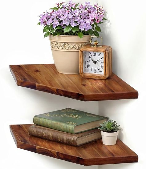 Amazon.com: Demigo Corner Shelf Wall Mount, Set of 2 Solid Acacia Wood 10.3 x 16.5 inches Floating Corner Shelves, Smooth - Durable - Attractive Corner Shelves for Bedroom Living Room Bathroom Kitchen : Home & Kitchen Shelves For Bedroom, Degree Wall, Traditional Shelves, Floating Corner Shelves, Corner Wall Shelves, Tier Shelf, Office Furniture Accessories, Corner Wall, Shelf Wall