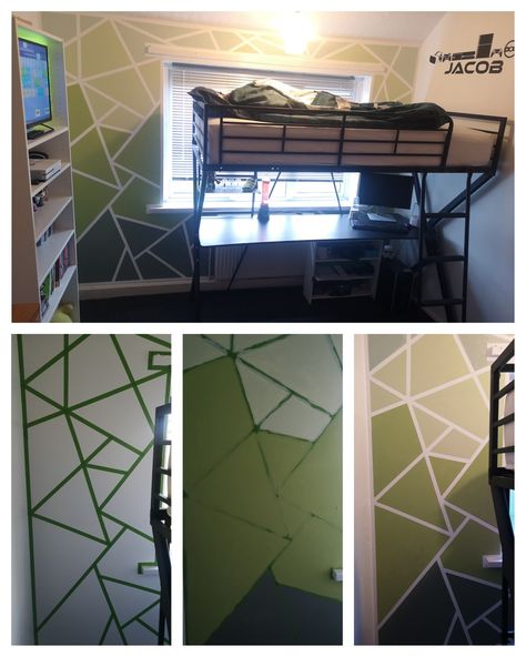 Frog tape geometric wall Green geometric wall Xbox bedroom Gamer bedroom Teenage boy bedroom Gamer Room Accent Wall, Green Gamer Bedroom, Xbox Room Ideas Boy Bedrooms, Green Teen Boy Bedroom, Gamer Bedroom Boys, Accent Wall Boys Bedroom, Xbox Bedroom Ideas, Green Boys Bedroom, Green Geometric Wall