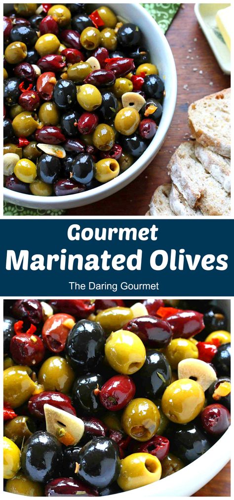 Perfect for entertaining and snacking, these delicious marinated olives will serve as a beautiful addition to your next gathering! And they also make elegant and tasty gifts! Olive Marinade Recipe, Olive Recipes Appetizers, Daring Gourmet, Marinated Feta, Pickled Foods, Marinated Cheese, Marinated Vegetables, Classy Gifts, Marinated Olives