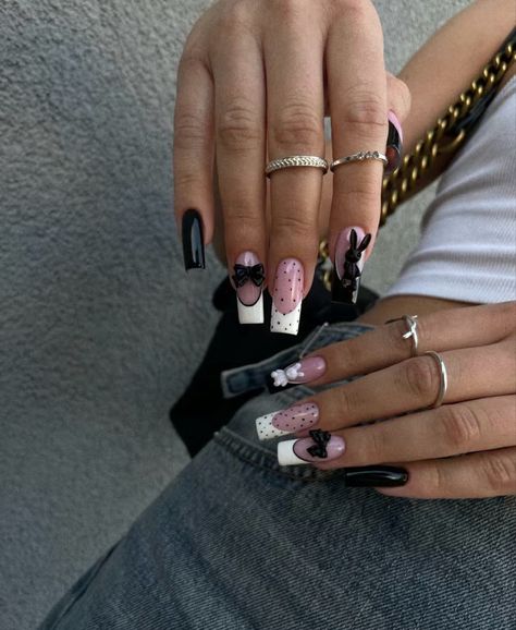 Acrylic Nails 2024, Gel X Extensions Nails, Black White And Pink Nails, Long Square Nails Ideas, Aries Nail Designs, Paznokcie Hello Kitty, Black And White Nails, Punk Nails, Grunge Nails