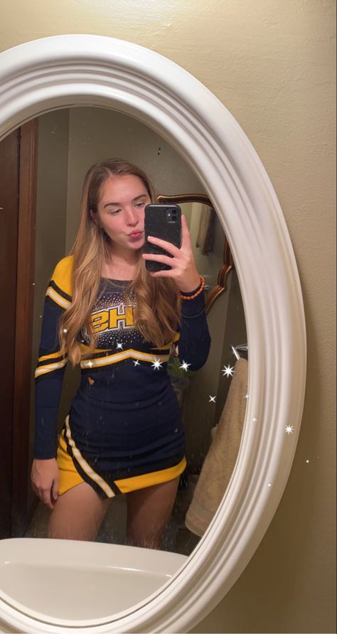 Long Sleeve Cheer Uniforms, Blue And Gold Cheer Uniforms, Blue And Yellow Cheer Uniform, Cheerleading Uniforms High School, Cheer Uniform High School, High School Cheer Uniforms, School Cheer Uniforms, White Cheerleader Uniform, Varsity Cheer Uniforms