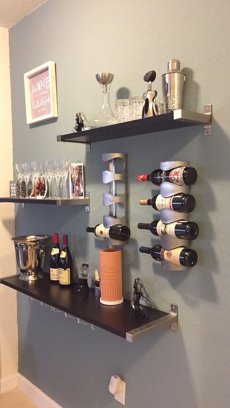 Wine Area Ideas Small Spaces, Wall Bar Ideas Small Spaces, Corner Bar Ideas For Home, Wall Bar Ideas, Wine Table Decor, Ikea Wall Shelves, Beach Dining Room, Corner Bar Cabinet, Home Alcohol Bar