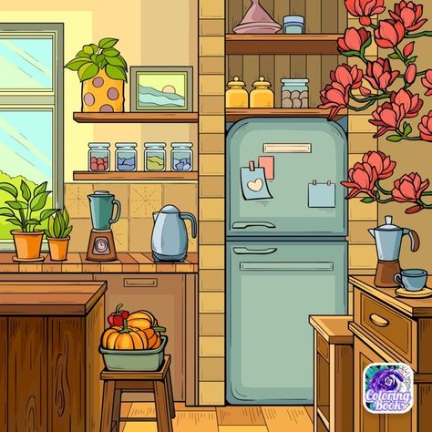 Anime Kitchen Aesthetic, Kitchen Drawing Reference, Anime Kitchen Background, Houses Watercolor, Kitchen Cartoon, Cartoon Kitchen, Interior Design Wall Art, Kitchen Background, Mac Setup