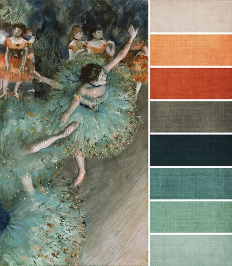 Collar Palette - Teal tones with a contrast of orange tones. Four main colors: beige, orange, blue, and blue-green. | This is a beautiful color scheme Art Amour, Graceful Movement, Classical Dance, Fresh Perspective, Parisian Life, Camille Pissarro, Edgar Degas, Pierre Auguste Renoir, Art Et Illustration