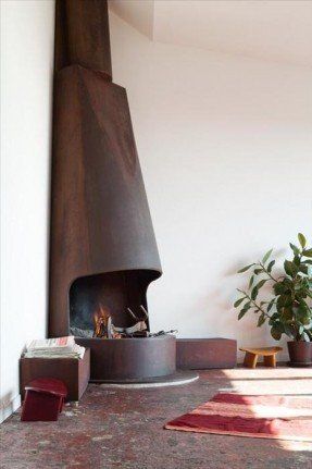 Scandinavian Fireplace, Design Camino, Metal Fireplace, Loft Interior Design, Loft Interiors, Contemporary Fireplace, Corner Fireplace, Fire Places, Loft Living