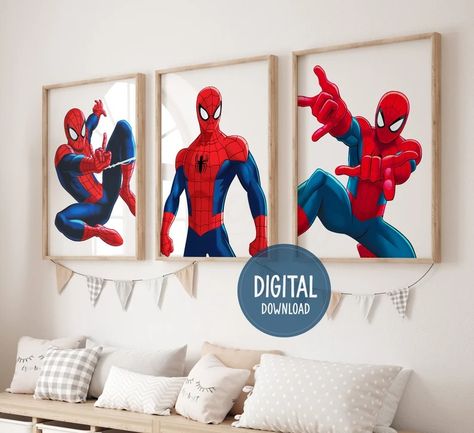 Superhero Prints, Set of 3 Prints, Spiderman Digital Posters, Boys Room Decor, Spiderman Wall Art, Superheroes Wall Art, Digital Download - Etsy Canada Spiderman Room Ideas, Spiderman Wall Art, Truck Bedroom, Spiderman Decorations, Superhero Prints, Spiderman Room, Man Bedroom, Superhero Wall Art, Prints Set Of 3