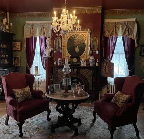 Old Vintage House Aesthetic, Dark Victorian House Interior Design, Parlor Room Ideas Victorian Interiors, 1920s Aesthetic Home, Victorian House Living Room, Parlor Aesthetic, 2023 Wall Decor, Victorian Homes Aesthetic, 1920s Home Interior