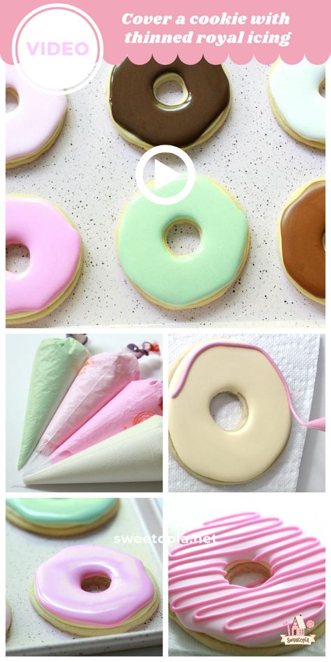 Cover a Cookie With Thinned Royal Icing Donut Sugar Cookies, Donut Cookies, Donut Decor, Roll Out Sugar Cookies, Cookies Cupcake, Simple Sugar, Donut Decorations, Royal Icing Recipe, Sugar Cookie Designs