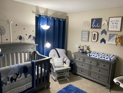 Navy Blue Woodland Nursery, Grey Nursery Ideas Boy, Cute Nursery Ideas Boy, Nursery Ideas Elephant Theme, Baby Boy Crib Ideas, Baby Boy Nursery Blue And Gray, Dark Blue Nursery Boy, Baby Boy Rooms Decor Ideas, Boy Baby Room Ideas Nurseries