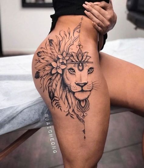 Lion Tattoo Ideas, Female Lion Tattoo, Floral Thigh Tattoos, Food Tattoos, Female Lion, Hip Tattoos Women, Intricate Tattoo, Leg Tattoos Women, Thigh Tattoos Women