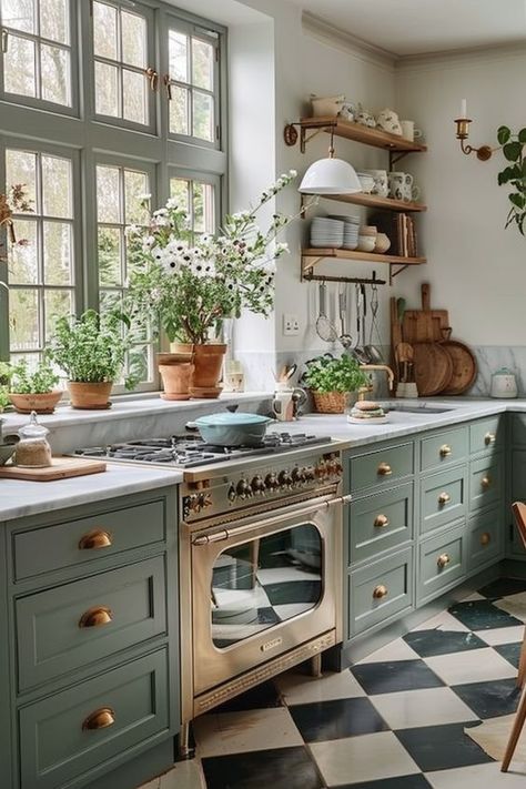 Green Modern Farmhouse Kitchen, Green Kitchen Accents, Kitchen Ideas Floor, French Colonial Kitchen, Kitchen With Plants, Unique Home Ideas, Unique Kitchen Ideas, Colonial Kitchen Ideas, Kitchen With Green Cabinets