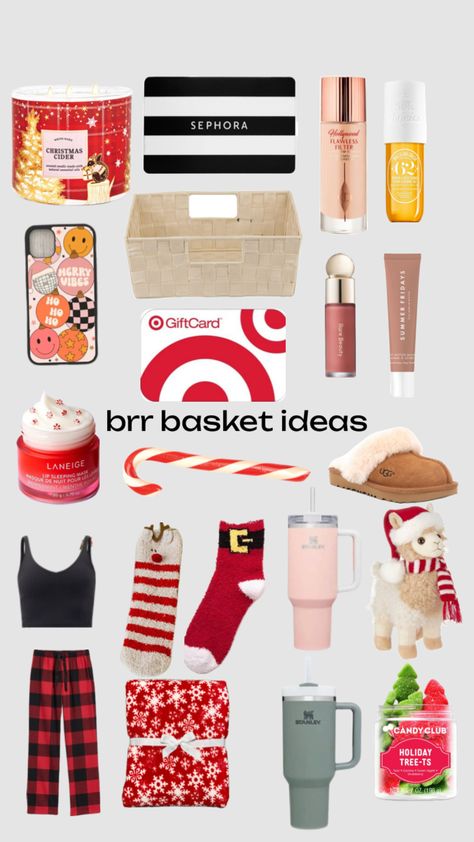 brr basket ideas 🎄🎅 Brr Basket Ideas Christmas, Brr Baskets Ideas, New Years Basket Ideas, Cute Cheap Christmas Gifts For Friends, Brrrr Basket Ideas, Bur Basket Ideas Cheap, Berr Basket Ideas, Cheap Friend Christmas Gifts, Cheap Christmas Basket Gift Ideas