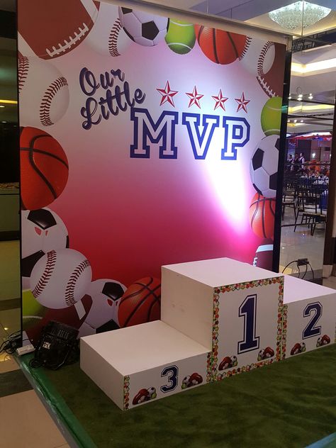 Mvp Party Decorations, Sports Day Backdrop Ideas, Sports Booth Design, Sports Day Photo Booth, Sport Theme Decorations, Sports Event Decoration Ideas, Sports Event Decor, Sports Photo Backdrop, Sports Theme Backdrop