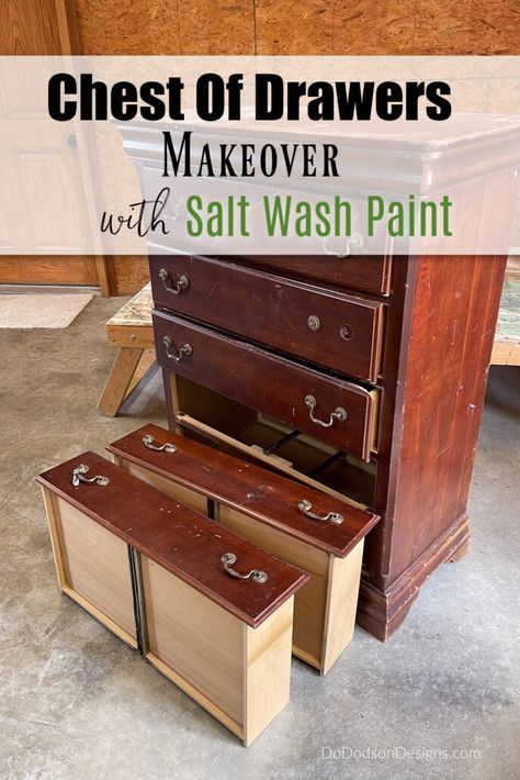 Old Wood Furniture Makeover, Painted Chest Of Drawers Ideas, Salt Wash Paint, Drawers Makeover, Diy Furniture Painting, Bar Stool Makeover, Chest Of Drawers Makeover, Chippy Painted Furniture, Painted Furniture Ideas