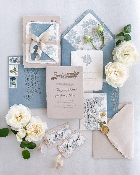 Wedding Inspiration | Amanda on Instagram: “We were deliriously happy to glimpse this invitation suite from @inquisited that's giving us serious Bridgerton vibes. ⁠ ⁠ French blues,…” French Blue Wedding, Wedding Invitation Inspiration, Invitation Inspiration, Wedding Mood Board, Wedding Calligraphy, Wedding Mood, Wedding Stationary, Wedding Invitation Suite, Wedding Paper