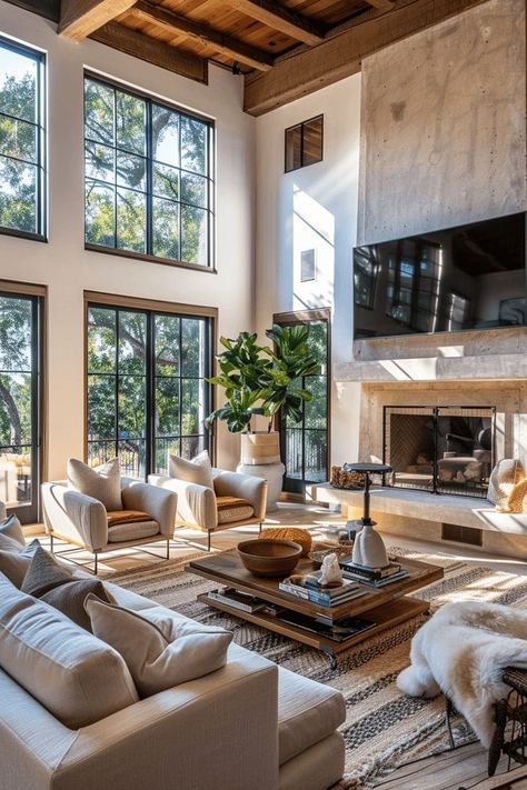 Large Living Room With Corner Fireplace, Great Room Black Windows, High Rise Ceiling Living Rooms, Large Fireplace Living Room, Mountain View Living Room Big Windows, High Ceilings Fireplace Living Room, Home With Tall Ceilings, Great Room Ideas With Fireplace, Open Concept Tv Wall