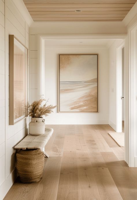 Sand Hallway, Front Hallway Ideas, Bosnian House, Bungalow Hallway Ideas, Coastal Interior Design Style, Coastal Foyer, Coastal Hallway, Hallway Design Ideas, Coastal Style Home