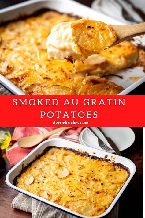 Smoker Au Gratin Potatoes, Smoked Potatoes In Smoker Recipes For, Smoker Cheesy Potatoes, Potatoes In The Smoker, Pellet Grill Potatoes, Smoker Potatoes, Smoker Recipes Pellet, Au Gratin Potatoes Recipe, Gratin Potatoes Recipe