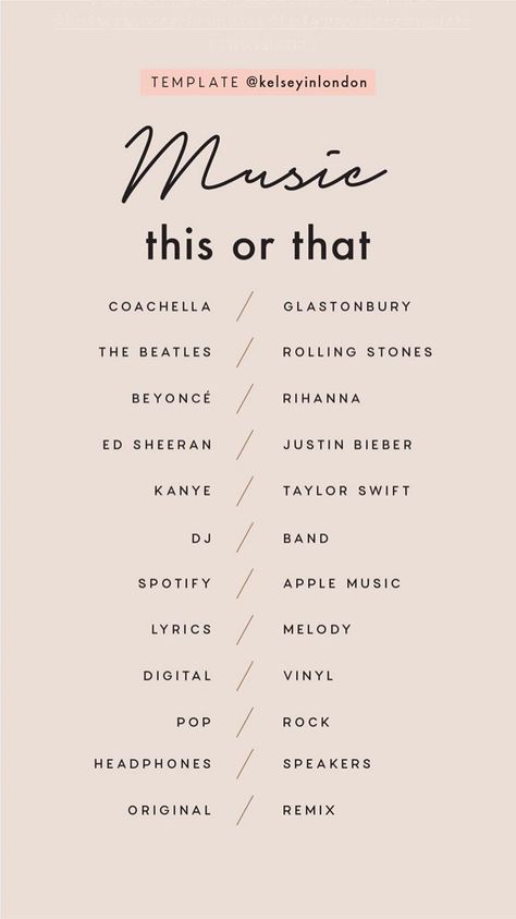 Music This or That Instagram Story Template by @kelseyinlondon #InstaStory #StoryTemp #InstagramStory #StoryTemplate #InstagramStoryTemplate #InstagramTemplate #ThisOrThat #Music Instagram Story Questions, Instagram Questions, Would You Rather Questions, Interactive Posts, Instagram Games, Fun Questions To Ask, Getting To Know Someone, Story Templates, Free Instagram