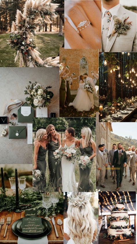 Beige And Olive Green Wedding, Deep Olive Wedding Colors, Olive Green Country Wedding, Cream And Olive Green Wedding, Wedding Color Schemes For Fall, Brown Green Wedding Theme, Eucalyptus Fall Wedding, Olive And Gold Wedding Theme, Green Brown Wedding Theme