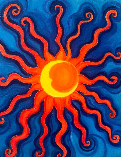 80s Inspired Painting, Whimsical Sun Art, Retro Art Ideas, Circle Canvas Painting Ideas Easy, Sun Painting Ideas On Canvas, Paintings To Do On Canvas, Sun Art Aesthetic, Complementary Colors Art Ideas, Cool Simple Paintings