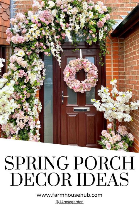 Spring Porch Decor Ideas Spring Porch Decorations, Beautiful Front Porches, Spring Porch Decorating, Front Porch Spring, Colorful Doormat, Porch Garland, Spring Front Porch Ideas, Spring Front Porch Decor, White Flowering Plants