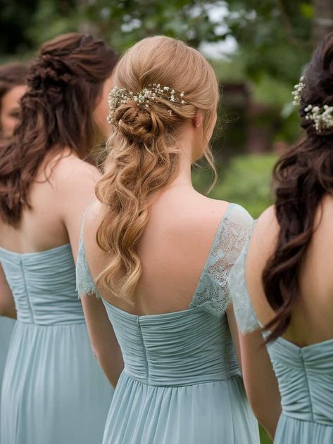 Give your bridesmaids a timeless look with romantic half-up hairstyles! Perfect for medium or long hair, these styles include face-framing layers, soft curls, and floral accents for a dreamy wedding vibe. Bridesmaid hair, half-up hairstyles, wedding hairstyles with flowers. Up Hairstyles For Bridesmaids, Wedding Hairstyles With Flowers, Hairstyles For Bridesmaids, Hairstyles With Flowers, Half Up Hairstyles, Half Up Half Down Short Hair, Half Up Half Down Hairstyles, Hairstyles Wedding, Wedding Hairstyles Half Up Half Down