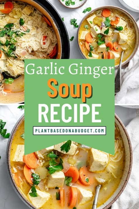 Ginger Garlic Chicken Soup, Soup Healing, Vegan Noodle Soup, Soup With Noodles, Plant Based On A Budget, Protein Dishes, Gut Healthy Recipes, Veg Pasta, Veggie Soup Recipes