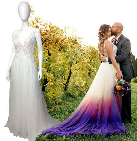 Sunset Ombre Dip Dye Wedding Dress Dyeing How To Dip Dye Wedding Dress, Black Ombre Wedding Dress, Unusual Wedding Dress Unique, Dyed Wedding Dresses, Sunset Wedding Dress, Alternative Wedding Dress Color, Dip Dye Wedding Dress, Simple Lace Dress, Painted Wedding Dress