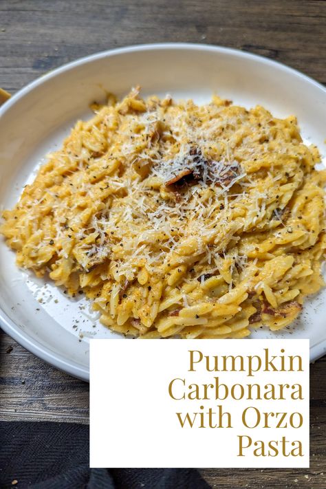 Creamy carbonara with a hint of pumpkin sauce coats each little orzo pasta. This recipe is so simple and comes together in less than 20 minutes. You will want to make this amazing, easy pumpkin carbonara every night of the week. Pumpkin Orzo, Creamy Carbonara, Pumpkin Sauce, Orzo Recipes, Pumpkin Pasta, Carbonara Pasta, Chef Inspiration, Fall Cooking, Orzo Pasta