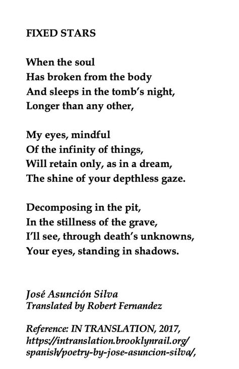 José Asunción Silva, Fixed Stars 💞🌍🌎🌏💞 Translated by Robert Fernandez, Reference: IN TRANSLATION, 2017, https://intranslation.brooklynrail.org/ spanish/poetry-by-jose-asuncion-silva/, If you think copyright is broken in this pin, please get in touch and it will either be removed or a citation will be added as required. Thanks for reading. Spanish Poetry, You Think, Thinking Of You, Poetry, Mindfulness, Writing, Reading, Stars