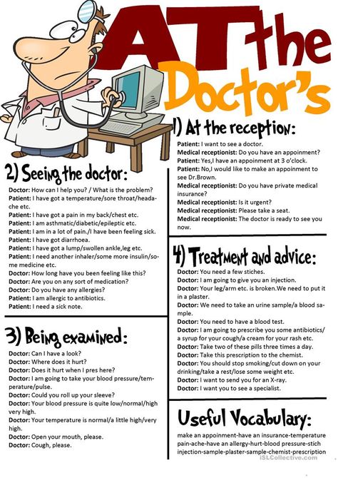 At The Doctor´s-Useful Expressions/Roleplay - English ESL Worksheets At The Doctor, Esl Vocabulary, Conversational English, English Vocab, English Language Teaching, English Tips, Grammar And Vocabulary, English Language Learning, Language Teaching