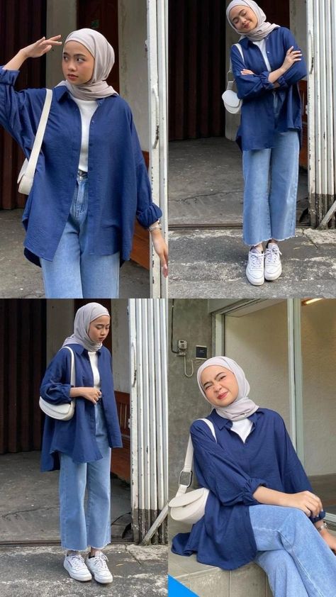 How To Style Blue Shirt, Outfit Navy Hijab, Outfit Jeans Biru, Casual Ootd Women, Blue Outfit Hijab, Ootd Bukber, Museum Ootd, Outfit Bukber, Pre Convo