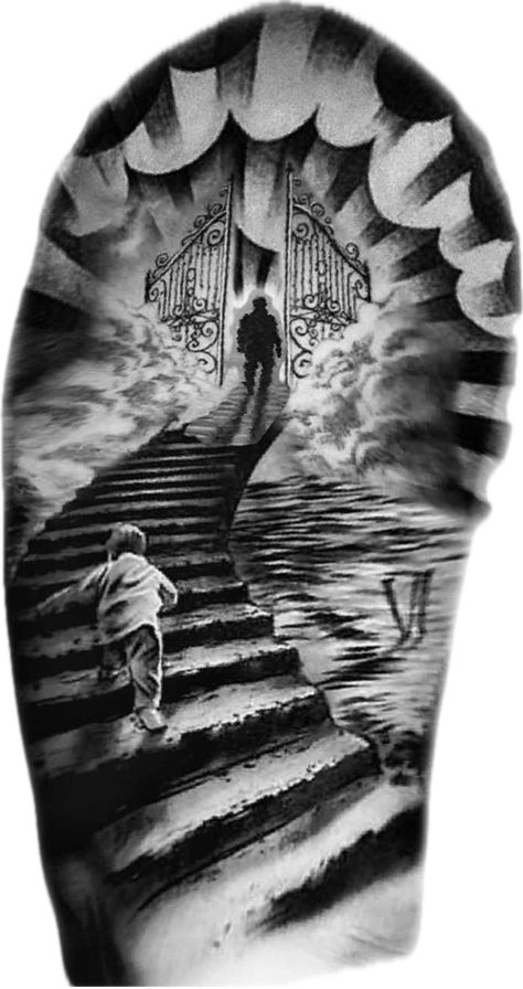 Heaven Sleeve Tattoos For Women, Tattoo Stairs To Heaven, Stair Case Tattoos, Walking To Heaven Tattoo, Stairway Tattoo Design, Heaven Stairs Tattoo, Stairway To Heaven Tattoo Forearm, Stair Way To Heaven Tattoo, Walking Up Stairs Tattoo