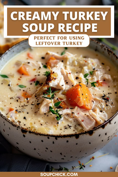 Creamy Turkey Soup Recipe Turkey Chowder Soup, Creamy Turkey Soup Recipes, Turkey Soup Recipes Crockpot, Cream Of Turkey Soup Recipe, Turkey Soup Recipes Homemade, Cream Of Turkey Soup, Turkey Chowder, Turkey Soup Crockpot, Thanksgiving Soup Recipes