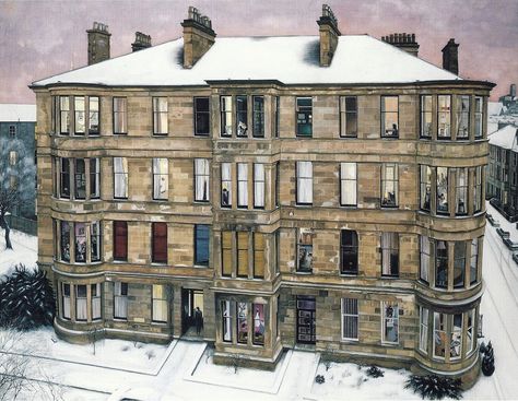 Windows in the West by Avril Paton. A depiction of tenement flats in Glasgow. Glasgow Museum, Popular Paintings, Isle Of Arran, Glasgow School, Glasgow School Of Art, Scottish Art, Scottish Artists, Glasgow Scotland, Window Painting