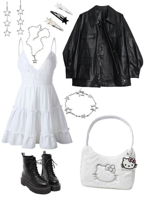 Outfit summer spring clothes Cute White Outfits Aesthetic, How To Style A Black Skirt Long, Outfit Ideas Blouse, White Dress Leather Jacket, White Outfits Aesthetic, Black And White Aesthetic Outfit, Spring Clothes, Swaggy Outfits, Really Cute Outfits