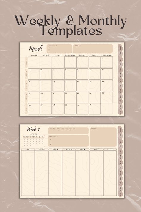 Monthly Planner Template Landscape, Motivation Planner, Day Planner Template, Landscape Planner, Everyday Planner, Monthly Planner Template, Free Planner Stickers, Ipad Planner, Minimal Abstract