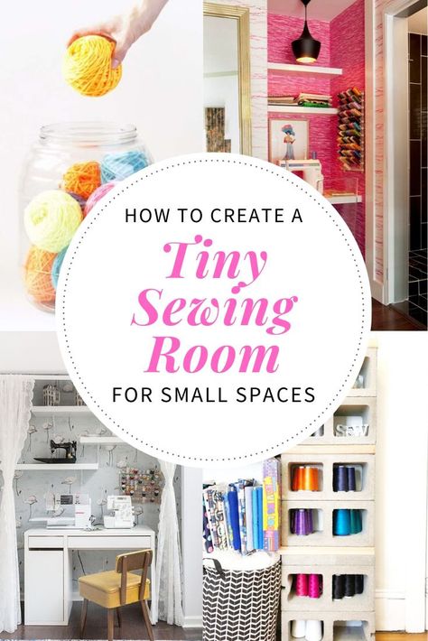 Sewing room storage ideas for small spaces. These space saving organization hacks are inexpensive and make creating an at home sewing studio attainable for the smallest of spaces. Learn how to create your own shelves and cabinets to fit any space and have a fully functioning, personalized sewing studio at home! #sewing #sewingorganization #sewingroom Sewing Room Storage Ideas, Tiny Sewing Room, Small Sewing Space, Sewing Closet, Small Sewing Rooms, Room Storage Ideas, Sewing Desk, Sewing Station, Sewing Room Inspiration